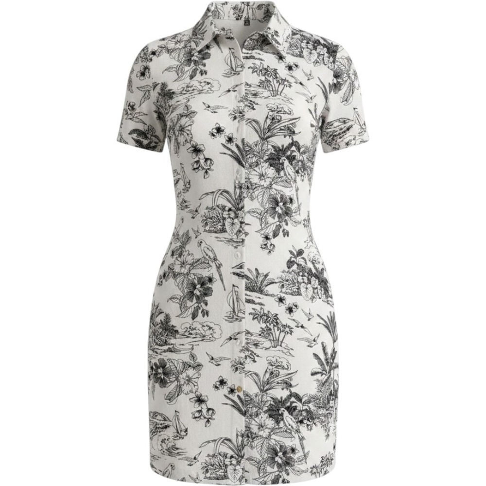 Tahari Linen Blend Tropical Toile Shirt Dress XS Black White Resortcore Coastal